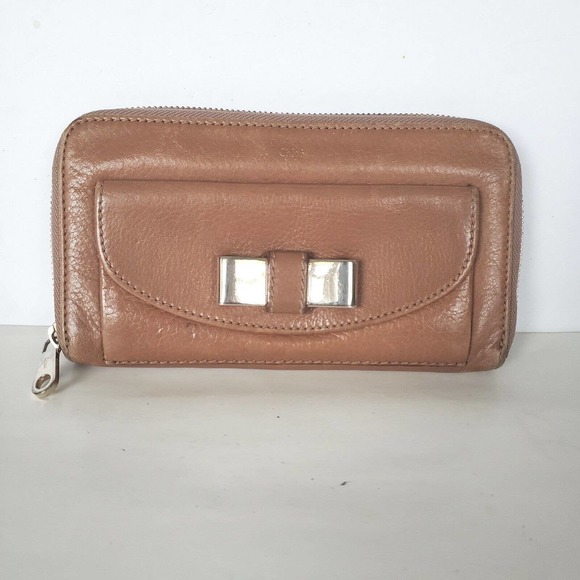 Chloe Handbags - Chloe Geniue Leather Zip Around Wallet Beige Light Brown Tan Large Clutch Bow